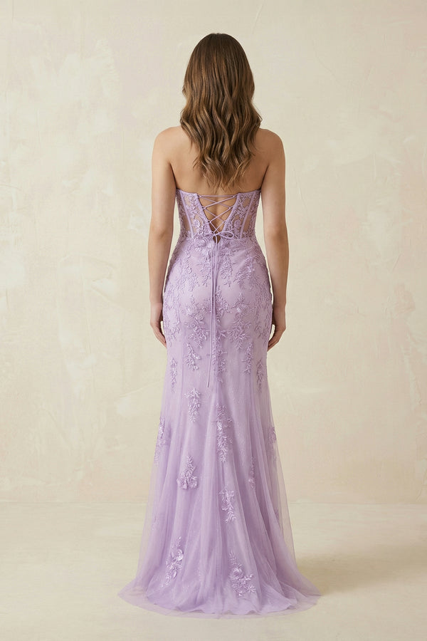 Strapless Mermaid Tulle Maxi Dress With Slit in Lilac