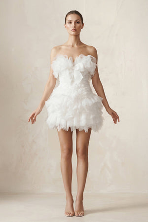 Strapless Organza Ruffled Bow Mini Wedding Dress in White - SHE IS ME Wedding Dresses
