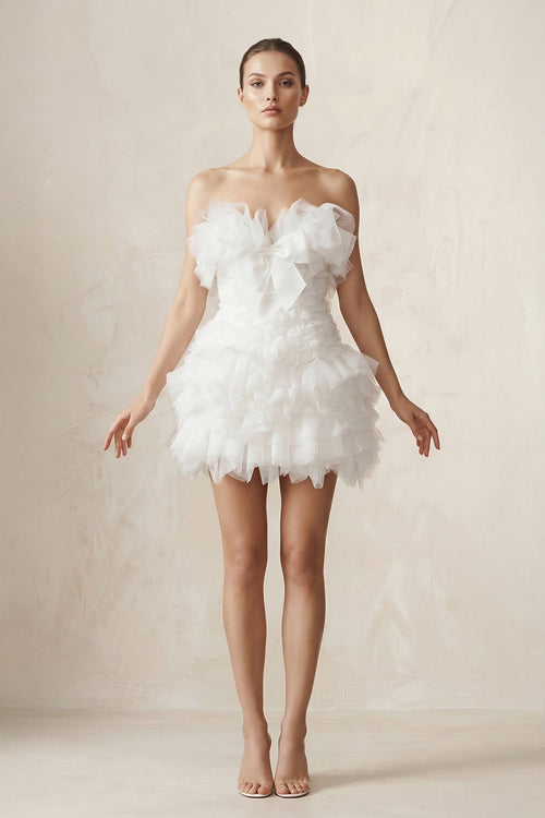 Strapless Organza Ruffled Bow Mini Wedding Dress in White - SHE IS ME Wedding Dresses