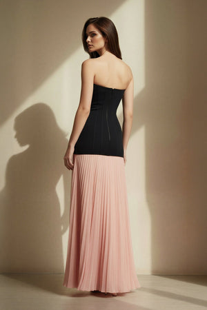 Strapless Pleated Maxi Dress in Black and Pink - SHE IS ME