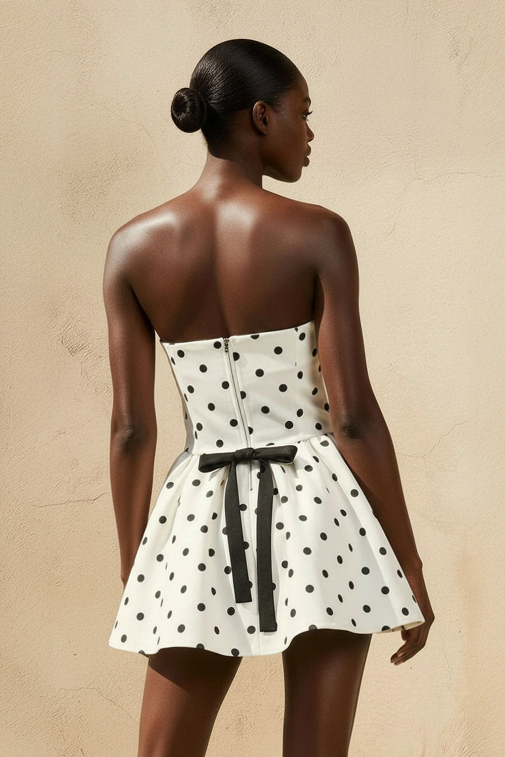 Strapless Polka Dot Mini Dress With Bow in Ivory - SHE IS ME