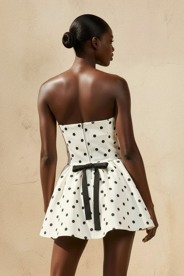 Strapless Polka Dot Mini Dress With Bow in Ivory - SHE IS ME