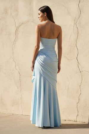 Strapless Ruched Asymmetric Gown in Sky Blue - SHE IS ME