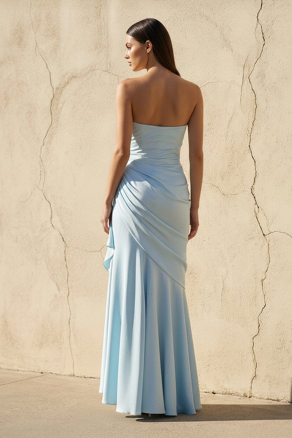 Strapless Ruched Asymmetric Gown in Sky Blue - SHE IS ME