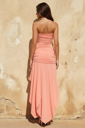 Strapless Ruched Asymmetric Maxi Dress in Coral Pink - SHE IS ME