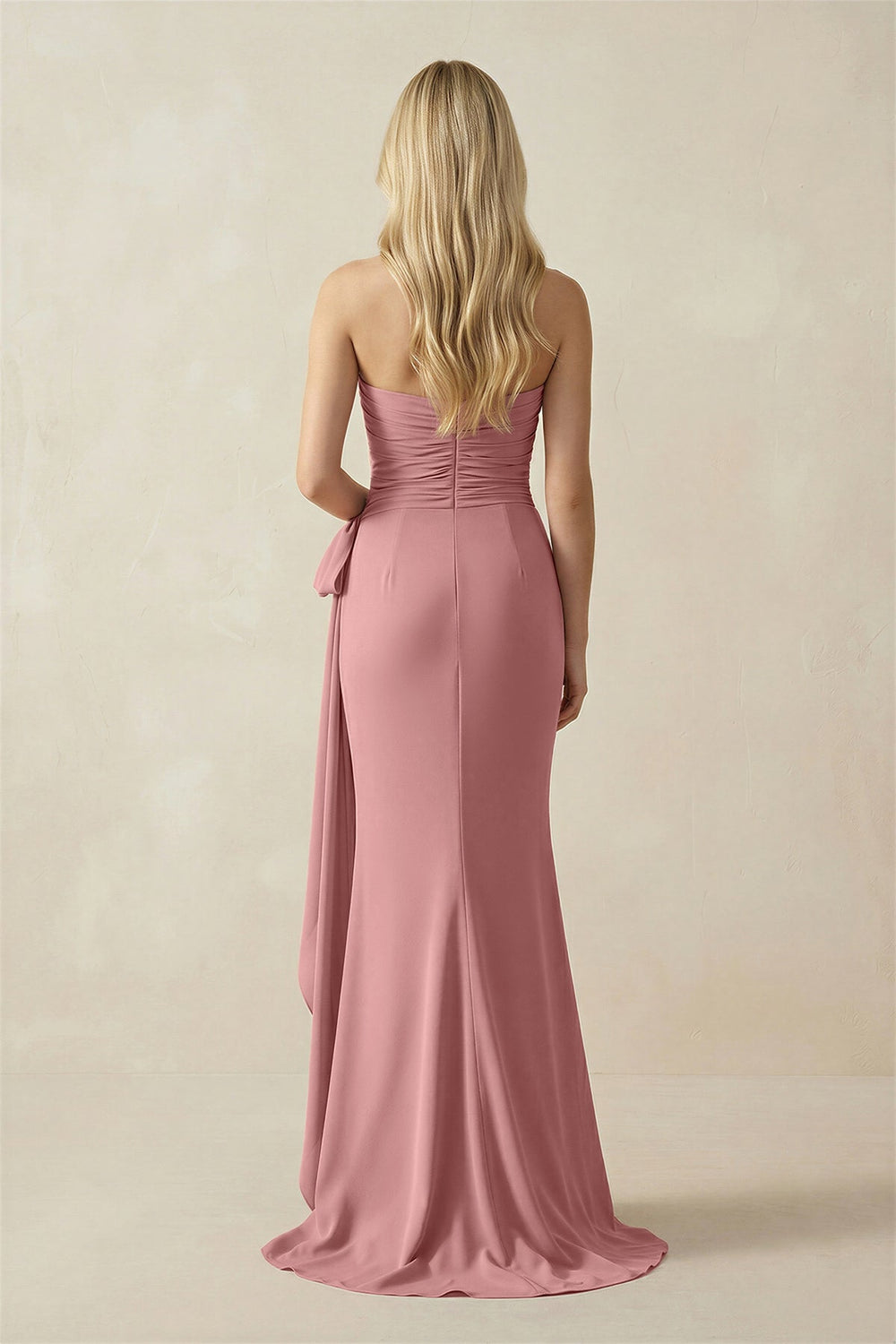 Strapless Ruched Maxi Dress With Bow in Mulberry - SHE IS ME PROM DRESSES