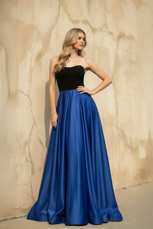 Strapless Satin Gown in Black and Royal Blue - SHE IS ME