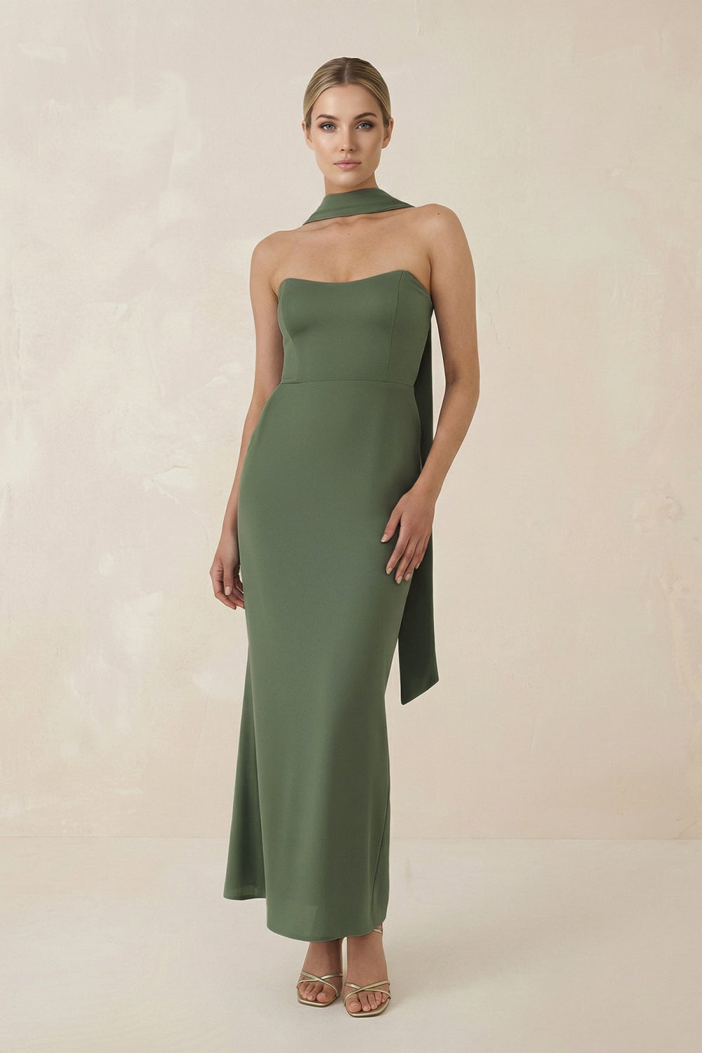 Strapless Sheath Midi Bridesmaid Dress With Ribbon in Thyme - SHE IS ME Bridesmaid Dresses