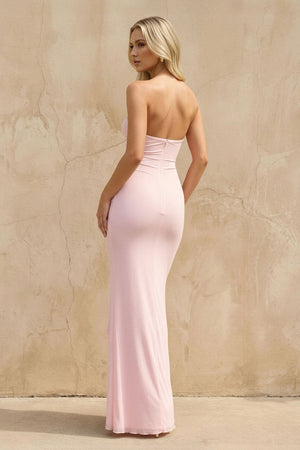 Strapless Twist - Front Ruffled Maxi Dress in Pink - SHE IS ME