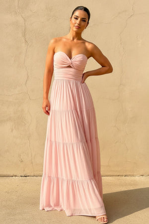 Strapless Twist - Front Tiered Maxi Dress in Blush - SHE IS ME