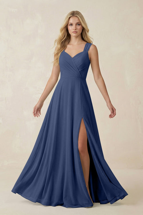 Sweetheart A - Line Chiffon Long Bridesmaid Dress in Navy - SHE IS ME Bridesmaid Dresses