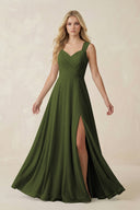 Sweetheart A - Line Chiffon Long Bridesmaid Dress in Olive - SHE IS ME Bridesmaid Dresses