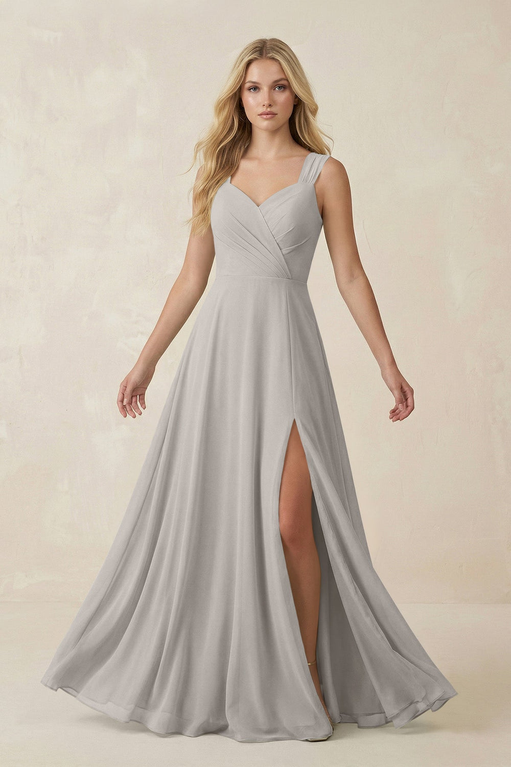 Sweetheart A - Line Chiffon Long Bridesmaid Dress in Silver - SHE IS ME Bridesmaid Dresses