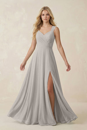 Sweetheart A - Line Chiffon Long Bridesmaid Dress in Silver - SHE IS ME Bridesmaid Dresses