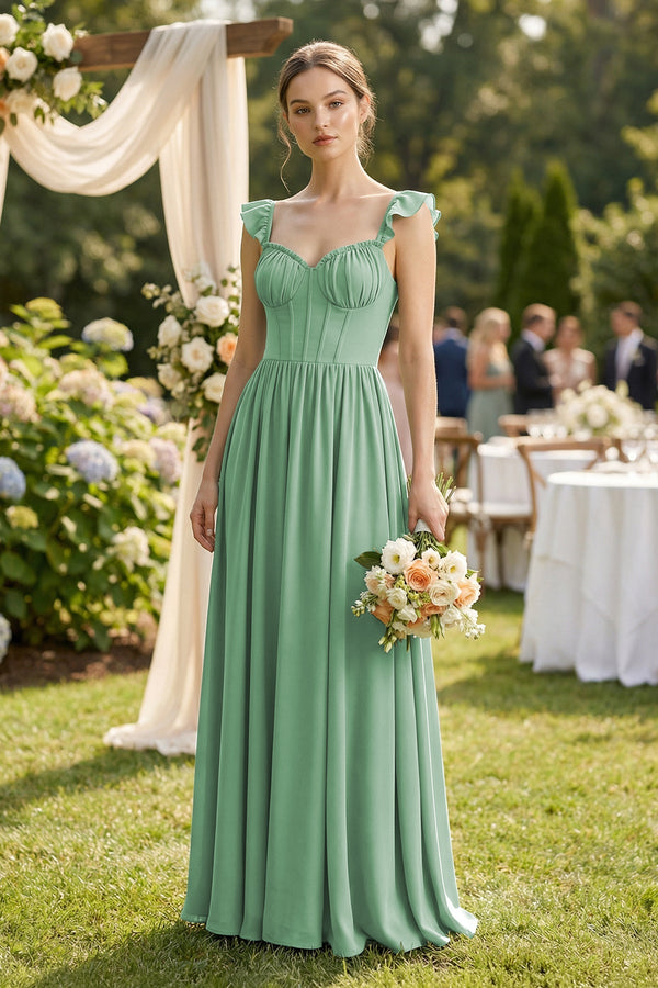 Sweetheart Chiffon Ruffled A - Line Corset Bridesmaid Dress in Sea Glass - SHE IS ME Bridesmaid Dresses