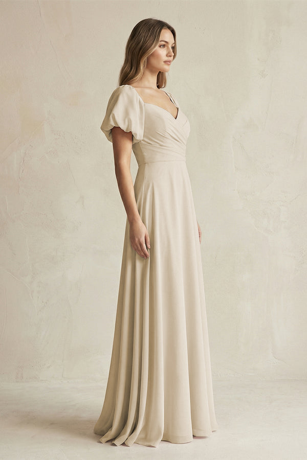 Sweetheart Puff Sleeve A-Line Chiffon Bridesmaid Dress in Champagne - SHE IS ME BRIDESMAID DRESSES