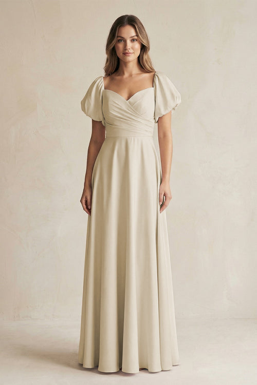 Sweetheart Puff Sleeve A-Line Chiffon Bridesmaid Dress in Champagne - SHE IS ME BRIDESMAID DRESSES