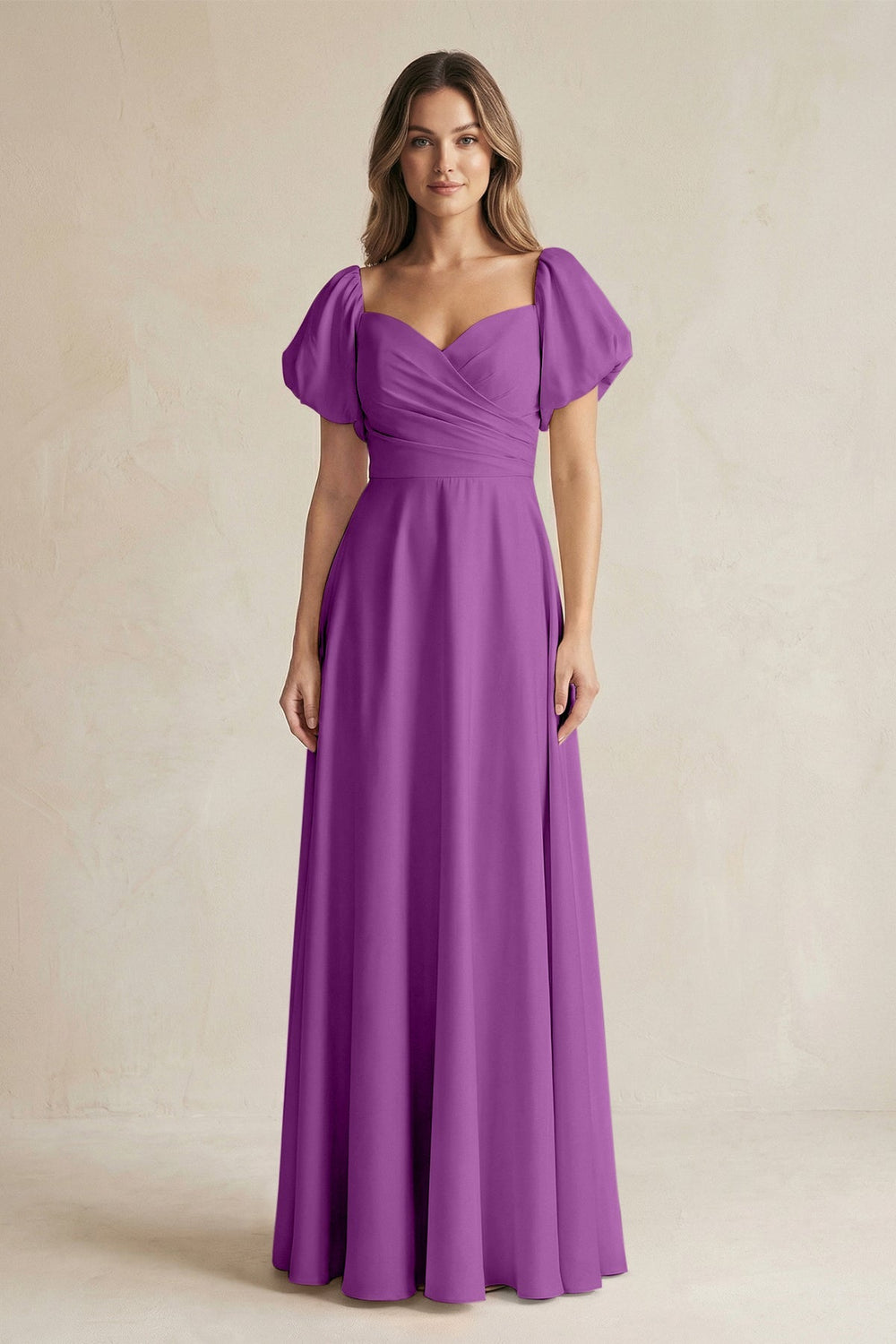Sweetheart Puff Sleeve A - Line Chiffon Bridesmaid Dress in Amethyst - SHE IS ME Bridesmaid Dresses