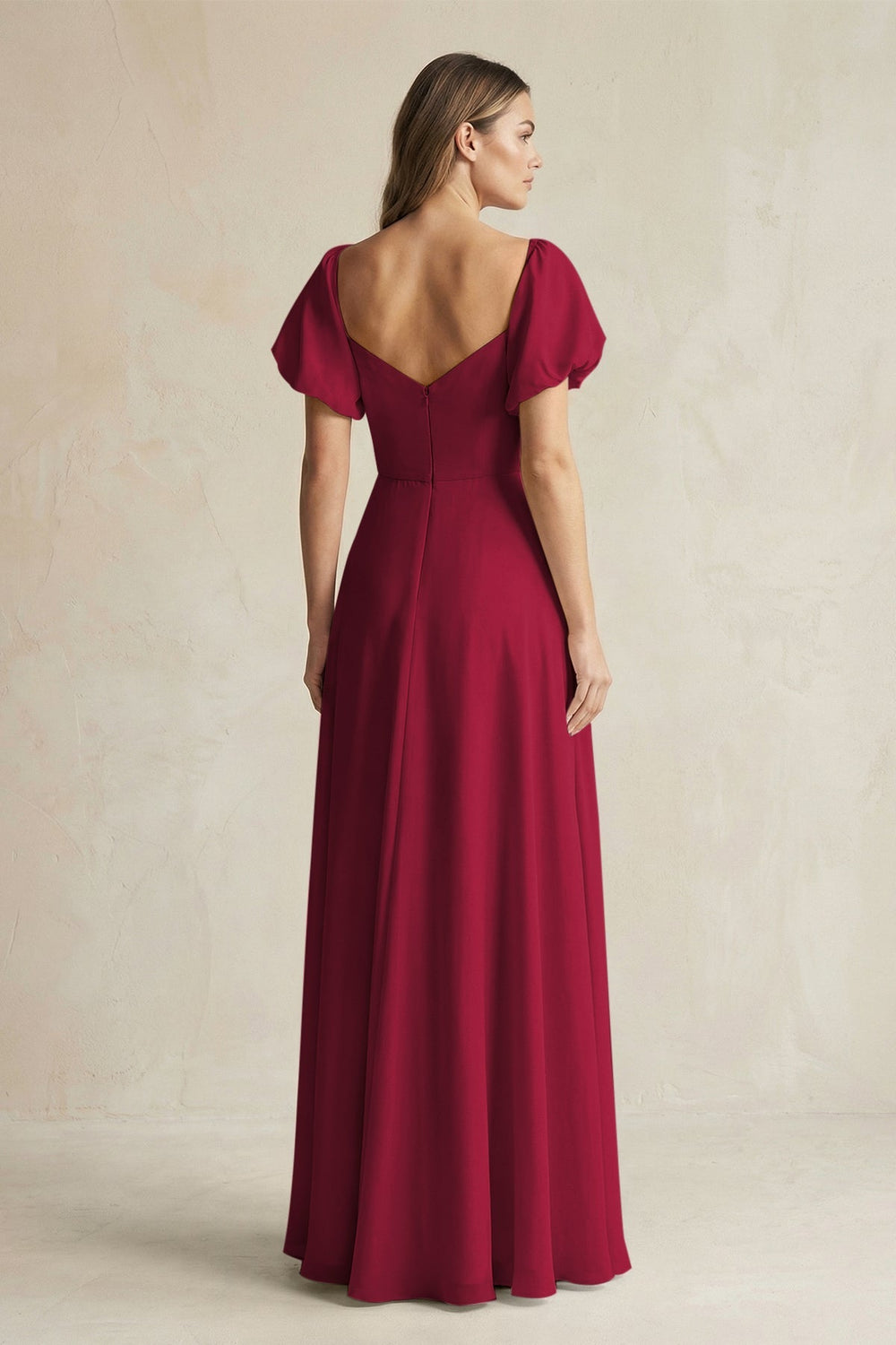 Sweetheart Puff Sleeve A - Line Chiffon Bridesmaid Dress in Berry - SHE IS ME Bridesmaid Dresses