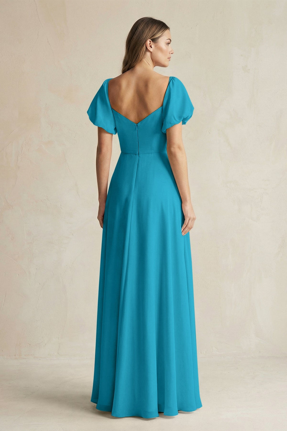 Sweetheart Puff Sleeve A - Line Chiffon Bridesmaid Dress in Blue Jay - SHE IS ME Bridesmaid Dresses