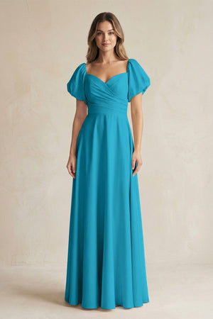 Sweetheart Puff Sleeve A - Line Chiffon Bridesmaid Dress in Blue Jay - SHE IS ME Bridesmaid Dresses