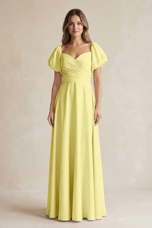 Sweetheart Puff Sleeve A - Line Chiffon Bridesmaid Dress in Buttercup - SHE IS ME Bridesmaid Dresses