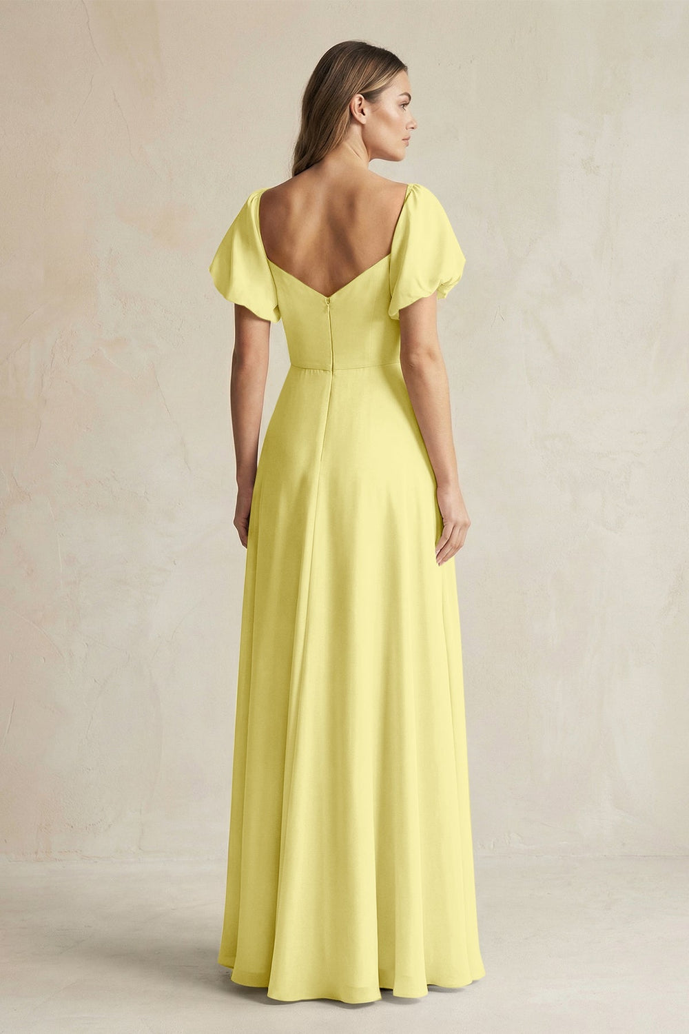 Sweetheart Puff Sleeve A - Line Chiffon Bridesmaid Dress in Buttercup - SHE IS ME Bridesmaid Dresses