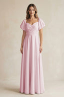 Sweetheart Puff Sleeve A - Line Chiffon Bridesmaid Dress in Candy Pink - SHE IS ME Bridesmaid Dresses