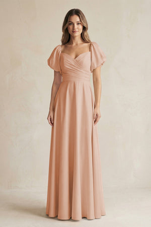Sweetheart Puff Sleeve A - Line Chiffon Bridesmaid Dress in Champagne Rose - SHE IS ME Bridesmaid Dresses