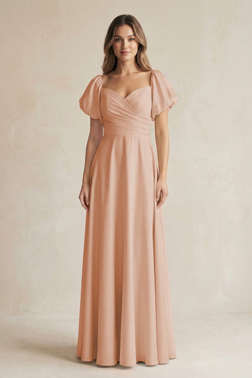 Sweetheart Puff Sleeve A - Line Chiffon Bridesmaid Dress in Champagne Rose - SHE IS ME Bridesmaid Dresses