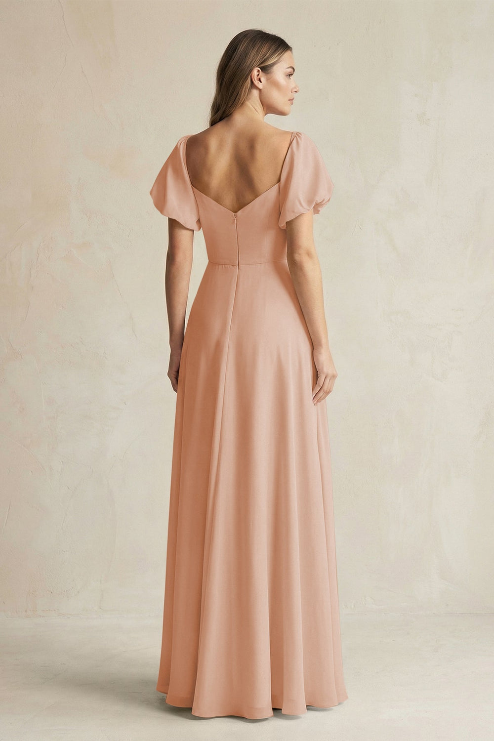 Sweetheart Puff Sleeve A - Line Chiffon Bridesmaid Dress in Champagne Rose - SHE IS ME Bridesmaid Dresses