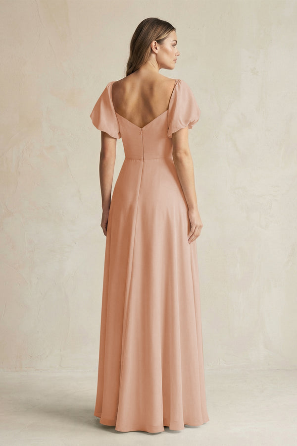 Sweetheart Puff Sleeve A - Line Chiffon Bridesmaid Dress in Champagne Rose - SHE IS ME Bridesmaid Dresses