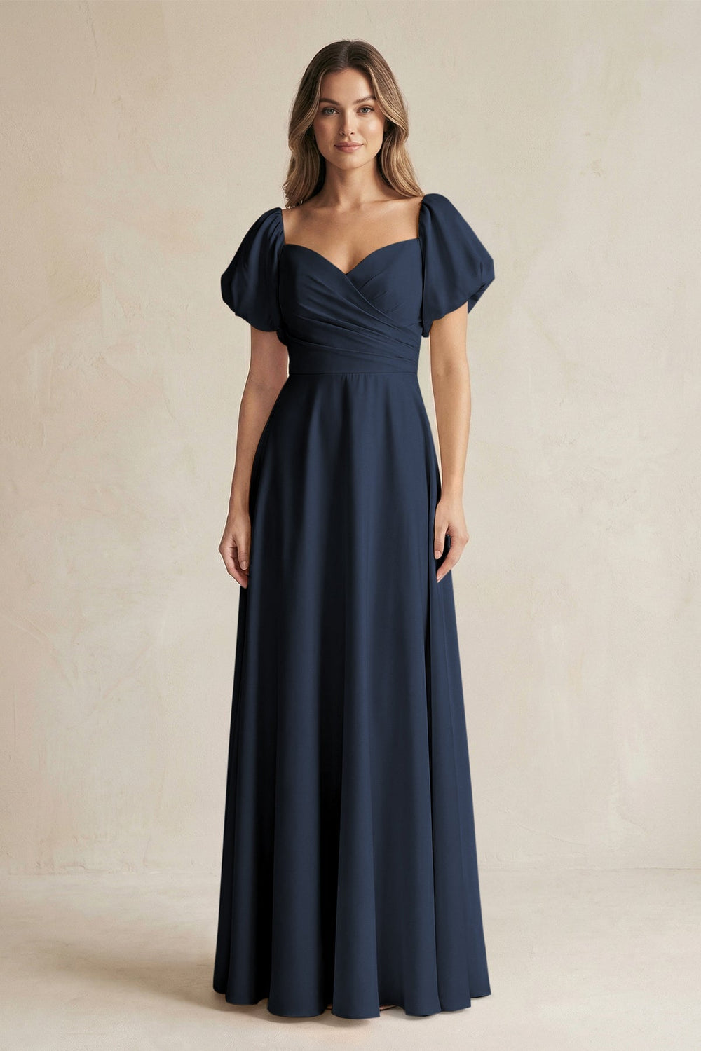 Sweetheart Puff Sleeve A - Line Chiffon Bridesmaid Dress in Dark Navy - SHE IS ME Bridesmaid Dresses