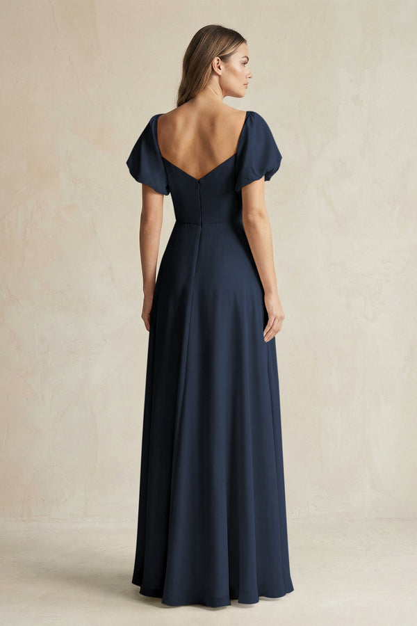 Sweetheart Puff Sleeve A - Line Chiffon Bridesmaid Dress in Dark Navy - SHE IS ME Bridesmaid Dresses