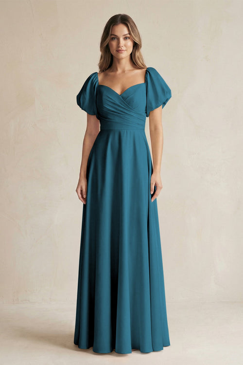 Sweetheart Puff Sleeve A - Line Chiffon Bridesmaid Dress in Dark Teal - SHE IS ME Bridesmaid Dresses