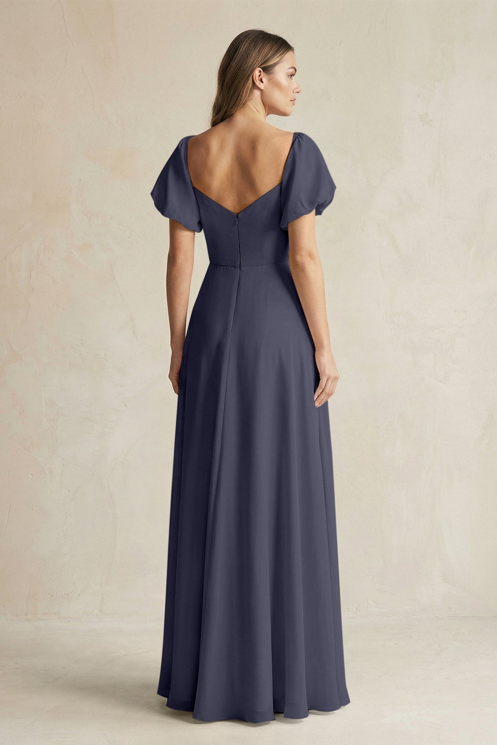 Sweetheart Puff Sleeve A - Line Chiffon Bridesmaid Dress in Dusk Blue - SHE IS ME Bridesmaid Dresses