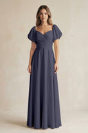 Sweetheart Puff Sleeve A - Line Chiffon Bridesmaid Dress in Dusk Blue - SHE IS ME Bridesmaid Dresses