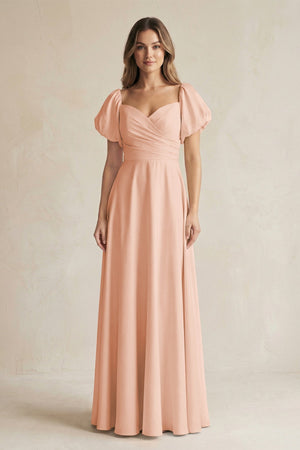 Sweetheart Puff Sleeve A - Line Chiffon Bridesmaid Dress in English Rose - SHE IS ME Bridesmaid Dresses