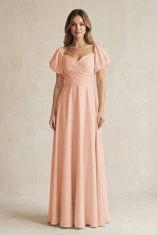 Sweetheart Puff Sleeve A - Line Chiffon Bridesmaid Dress in English Rose - SHE IS ME Bridesmaid Dresses