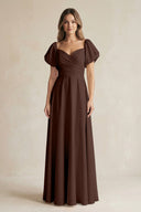 Sweetheart Puff Sleeve A - Line Chiffon Bridesmaid Dress in Espresso - SHE IS ME Bridesmaid Dresses