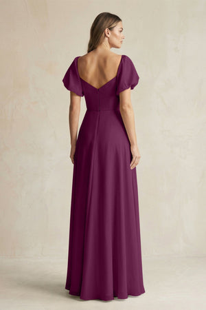 Sweetheart Puff Sleeve A - Line Chiffon Bridesmaid Dress in Fig - SHE IS ME Bridesmaid Dresses