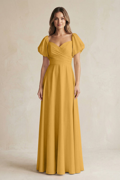 Sweetheart Puff Sleeve A - Line Chiffon Bridesmaid Dress in Marigold - SHE IS ME Bridesmaid Dresses