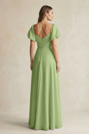 Sweetheart Puff Sleeve A - Line Chiffon Bridesmaid Dress in Matcha - SHE IS ME Bridesmaid Dresses
