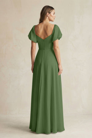 Sweetheart Puff Sleeve A - Line Chiffon Bridesmaid Dress in Moss - SHE IS ME Bridesmaid Dresses