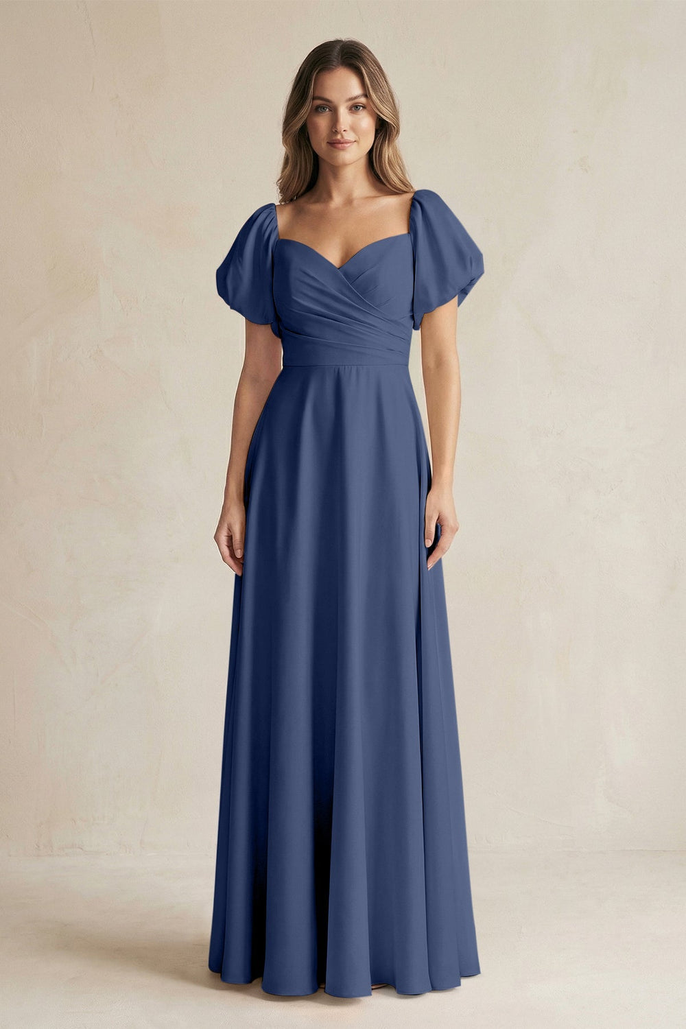 Sweetheart Puff Sleeve A - Line Chiffon Bridesmaid Dress in Navy - SHE IS ME Bridesmaid Dresses