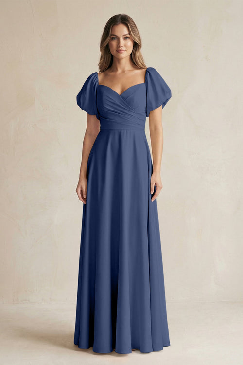 Sweetheart Puff Sleeve A - Line Chiffon Bridesmaid Dress in Navy - SHE IS ME Bridesmaid Dresses