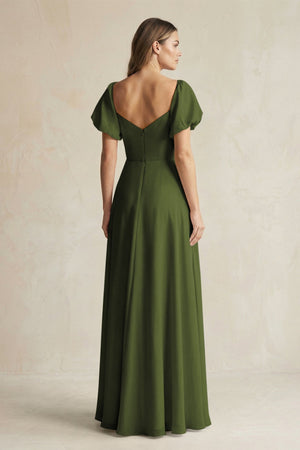 Sweetheart Puff Sleeve A - Line Chiffon Bridesmaid Dress in Olive - SHE IS ME Bridesmaid Dresses