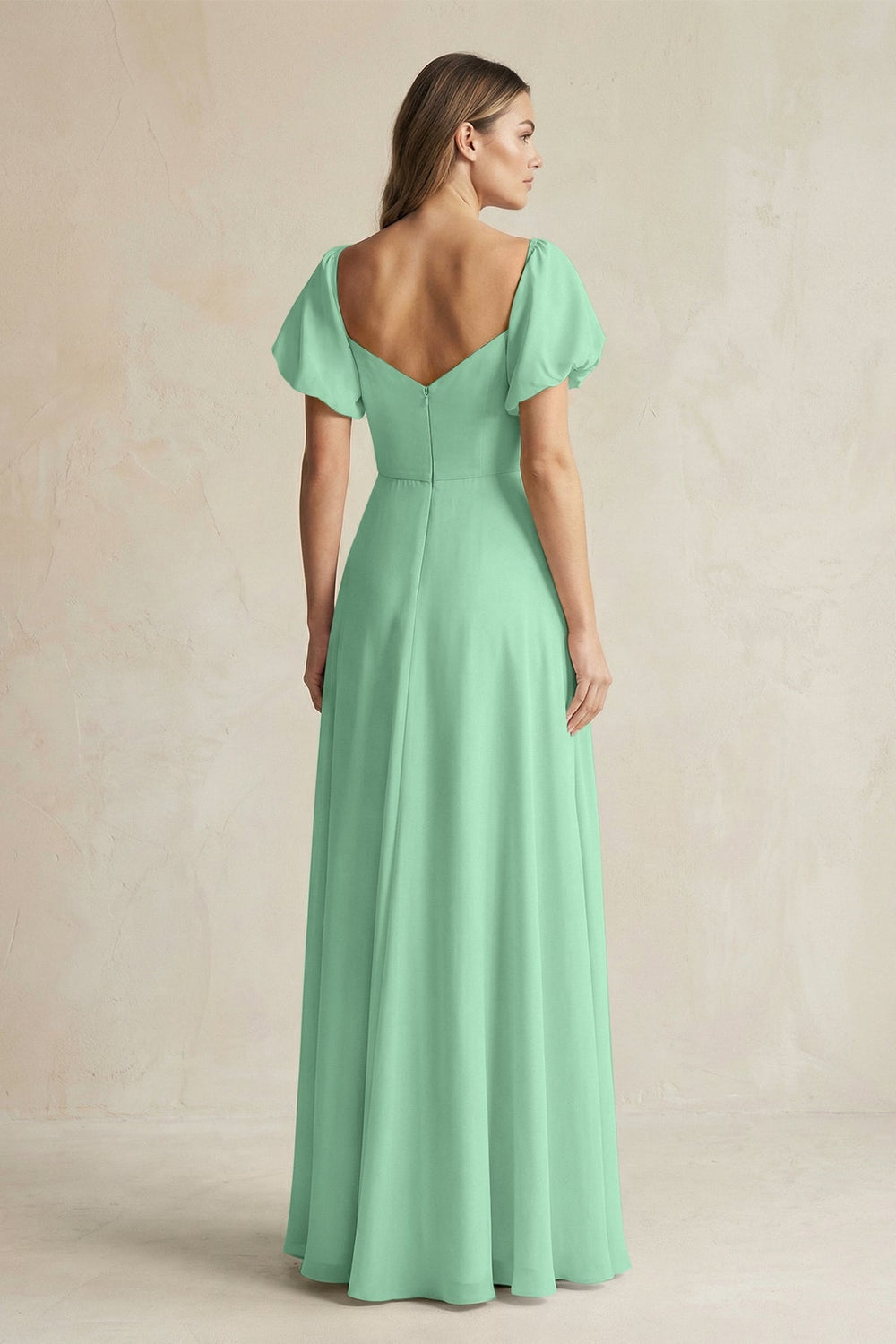Sweetheart Puff Sleeve A - Line Chiffon Bridesmaid Dress in Pale Pistachio - SHE IS ME Bridesmaid Dresses