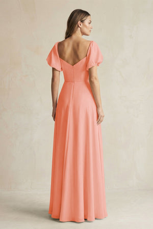 Sweetheart Puff Sleeve A - Line Chiffon Bridesmaid Dress in Rosette - SHE IS ME Bridesmaid Dresses