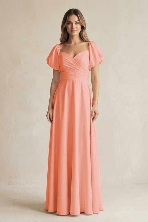 Sweetheart Puff Sleeve A - Line Chiffon Bridesmaid Dress in Rosette - SHE IS ME Bridesmaid Dresses
